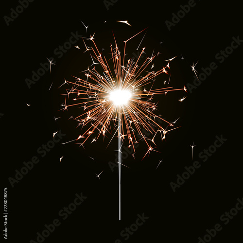 Bengal fire. New year sparkler candle isolated on black background. Realistic vector light effect. P