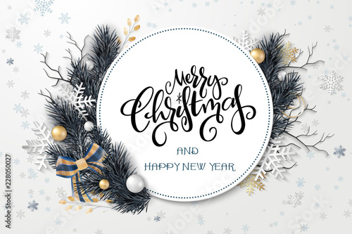 Vector illustration of greeting banner template with hand lettering label - merry Christmas - with realistic fir-tree branches, bauble, snowflakes, and decorative bead branches