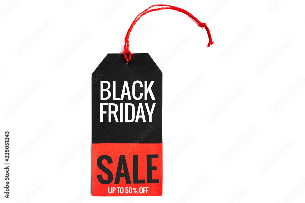 Black friday. black and red sale tag on white background