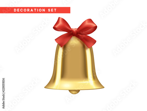 Traditional holiday decoration element, golden bell with red bow. Object realistic isolated on white background