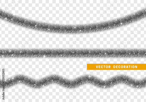 Christmas traditional decorations dark silver lush tinsel. Xmas ribbon garland isolated realistic decor element