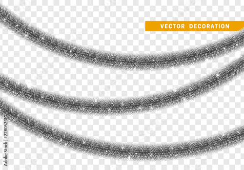 Christmas traditional decorations dark silver lush tinsel. Xmas ribbon garland isolated realistic decor element