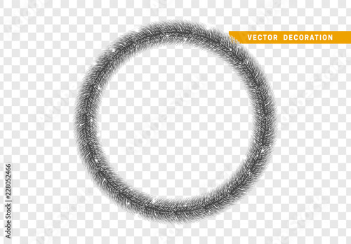 Christmas traditional decorations, dark silver lush tinsel. Xmas circle wreath garland, isolated realistic decor element