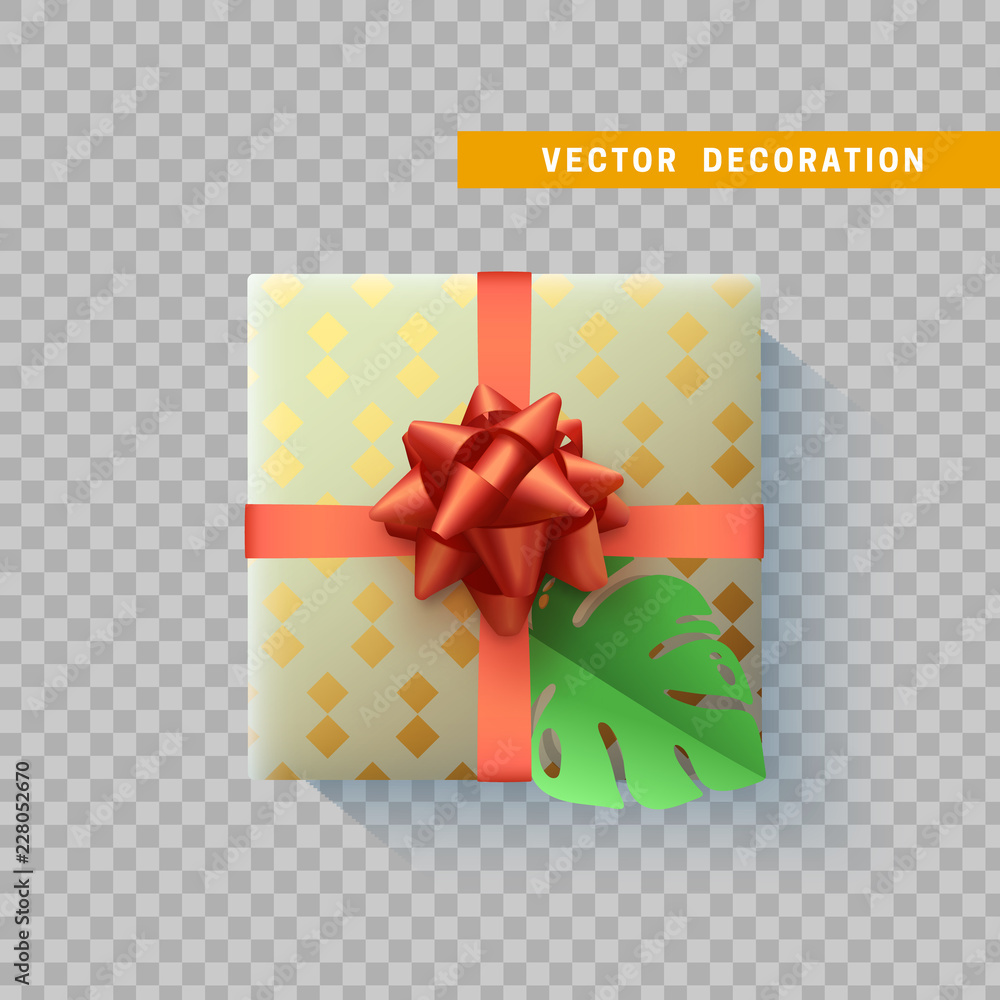 Gift box with bow and ribbon isolated on transparent background. Flat top view. Gift box with bow and ribbon isolated on transparent background. Flat top view.