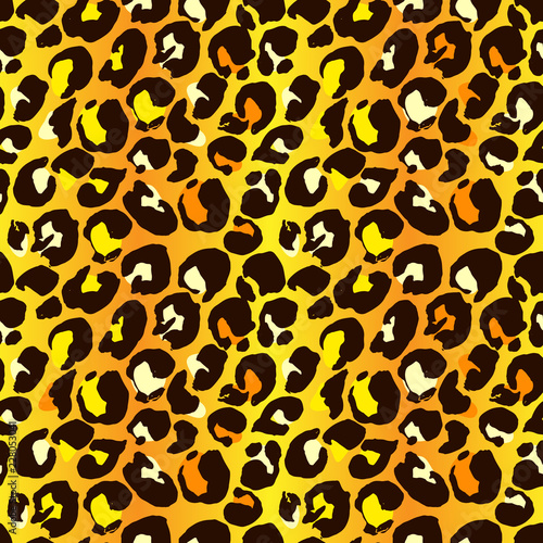 Vector illustration leopard print seamless pattern. Yellow and orange hand drawn background.