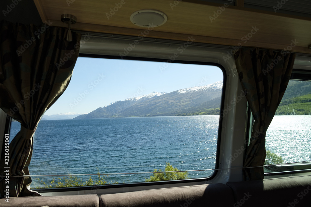 The view through the window of a campervan