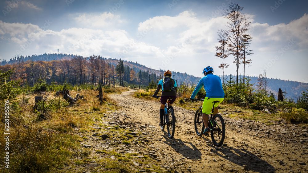 Obraz premium Cycling, mountain biker couple on cycle trail in autumn forest. Mountain biking in autumn landscape forest. Man and woman cycling MTB flow uphill trail.