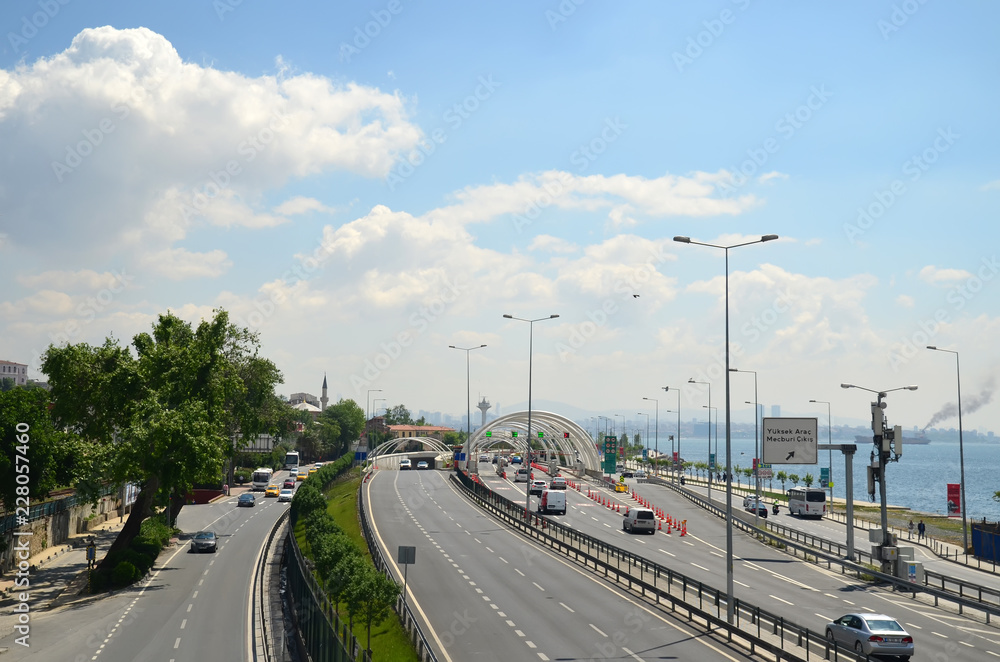 ISTANBUL, TURKEY - MAY 13 2018: Road scenery on a highway in Instanbul, Turkey. Top view.