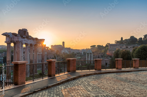 Sunrise at Rome, Italy. The view of Roman Forum, Ancient Ruins from Capitoline Hill, Rome - Italy. 