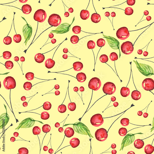 Watercolor seamless background with red berries of cherries,green leaf. A beautiful vintage pattern, an ornament for your design, wallpaper, textiles, packaging, cards. Fashionable art drawing 