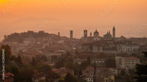Bergamo. One of the beautiful city in Italy. Morning landscape at the old town from Saint Vigilio hill during fall season