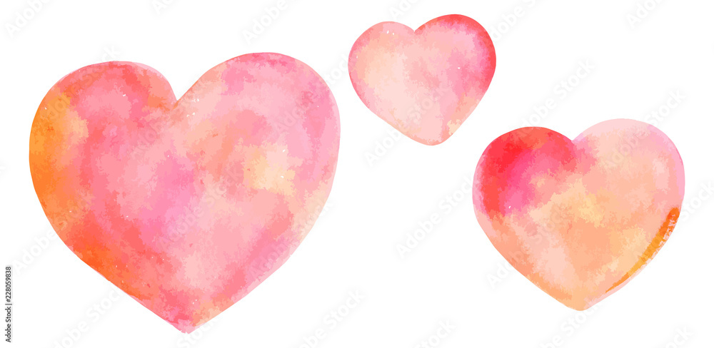 A vector set of watercolour drawings of pink hearts, isolated on a white background A vector set of watercolour drawings of pink hearts, isolated on a white background