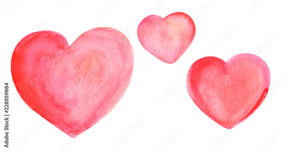 A set of watercolour drawings of vibrant pink hearts, isolated on a white background