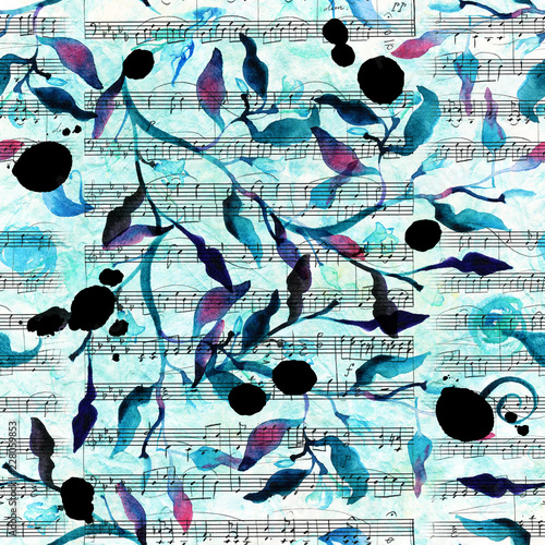Seamless pattern with abstract branches and leaves, watercolour splashes and sheet music, blue toned