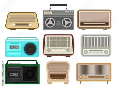 Flat vector set of different retro radio and tape recorders. Vintage music players. Elements for mobile app