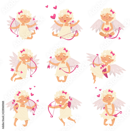 Flat vector set of adorable cupid in different actions. Angel of love. Cartoon little girl with wings, bow and arrows