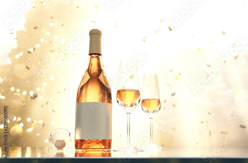 Scene of glasses of champagne and bottle of champagne decorated for holidays celebration background 3d rendering