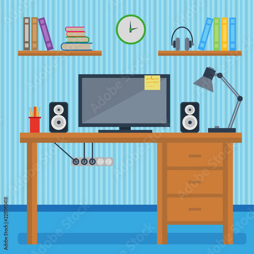 workplace concept, working place design in a flat style, workplace equipment, computer, laptop, phone, calculator, desktop accessories, stationery elements, work icons, vector graphics to design