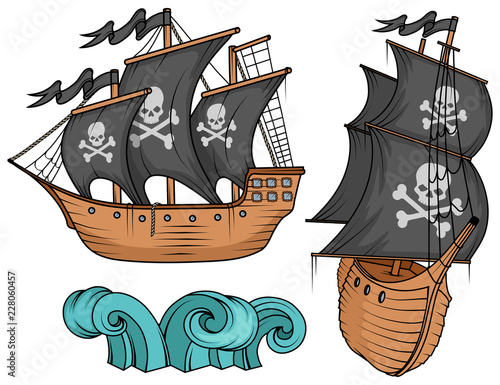 pirate ship or boat illustration, isolated on white background, cartoon sea pirate ship, sailing ship at sea, vector graphic to design