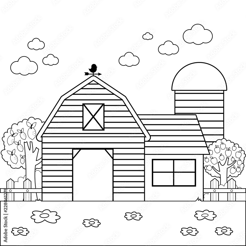 Farm with farmhouse, fence and orchard trees. Vector black and white