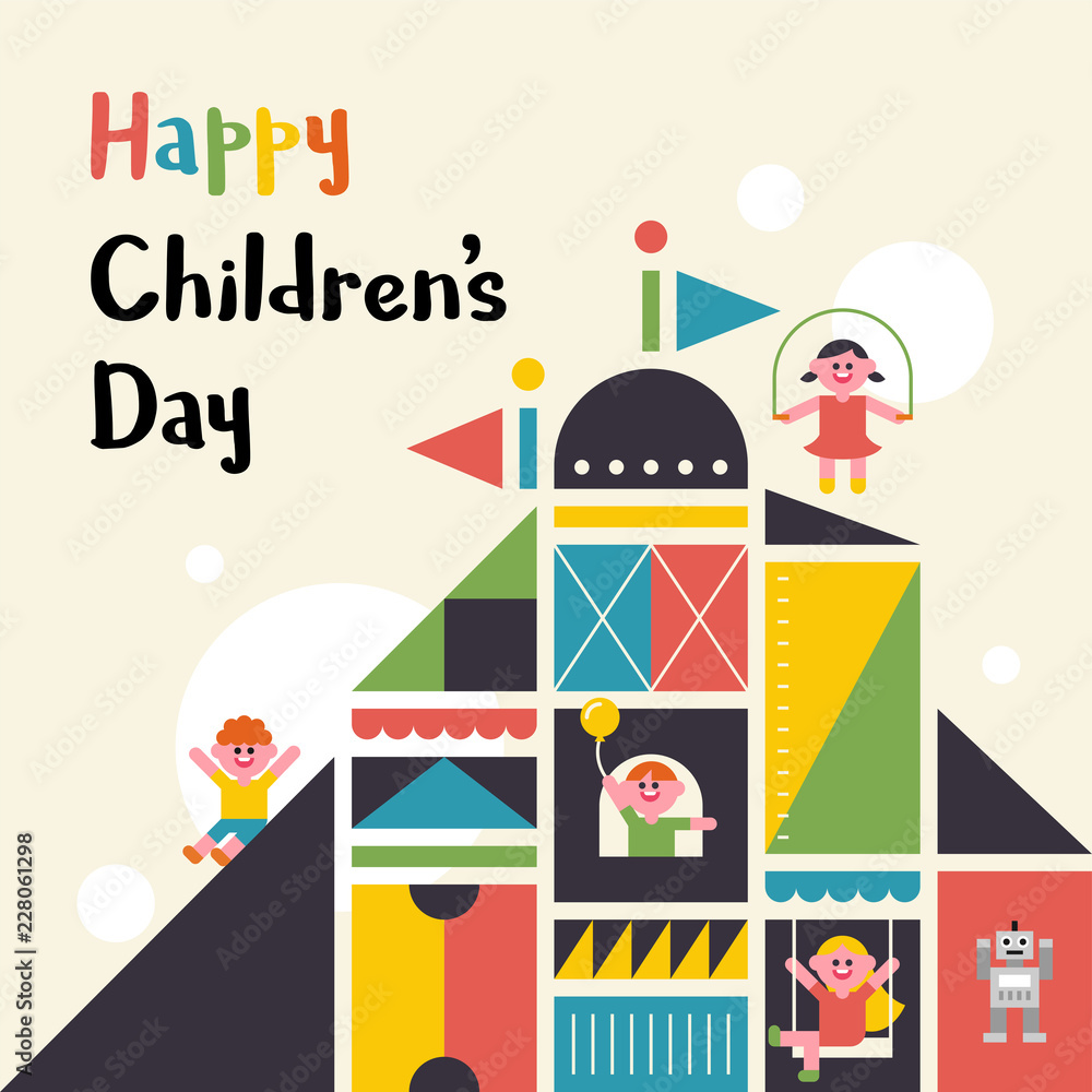happy children day block castle design card. flat design style vector graphic illustration.