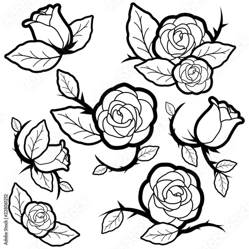 Tattoo style roses and buds. Vector black and white coloring page
