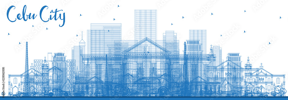 Outline Cebu City Philippines Skyline with Blue Buildings.