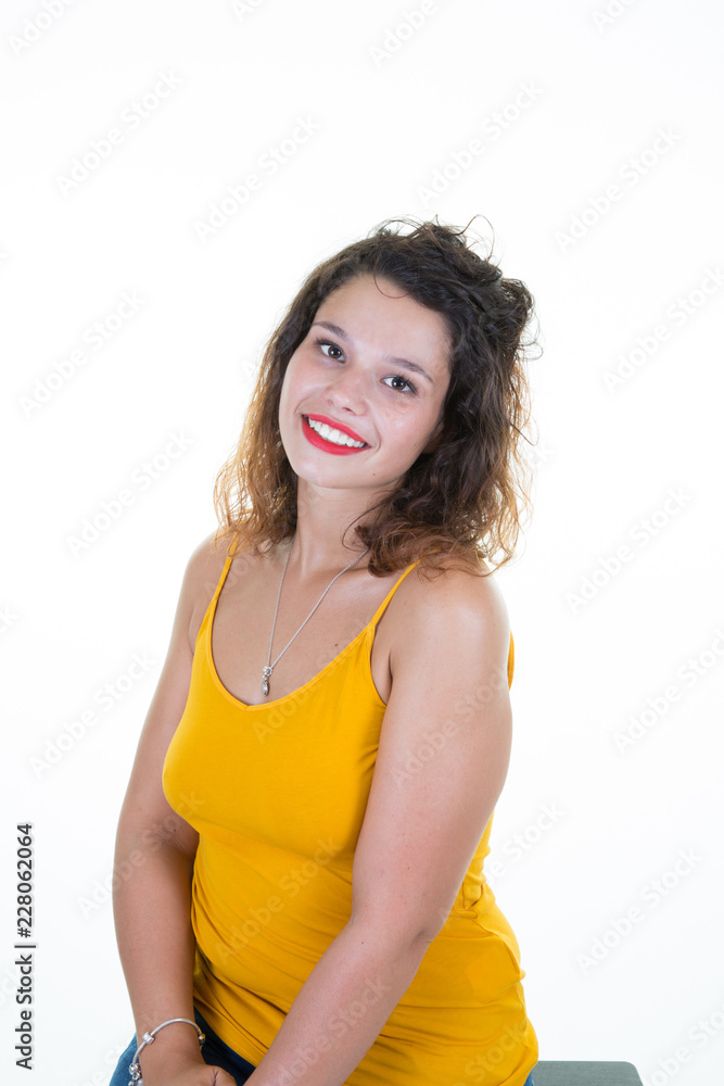 Portrait of beautiful woman sitting on white background Portrait of beautiful woman sitting on white background
