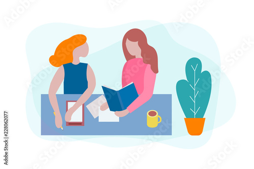 Tutor teaches a young woman. Concept of additional training and education. Study and training.