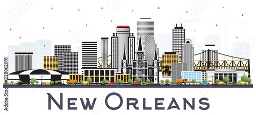 New Orleans Louisiana City Skyline with Gray Buildings Isolated on White.