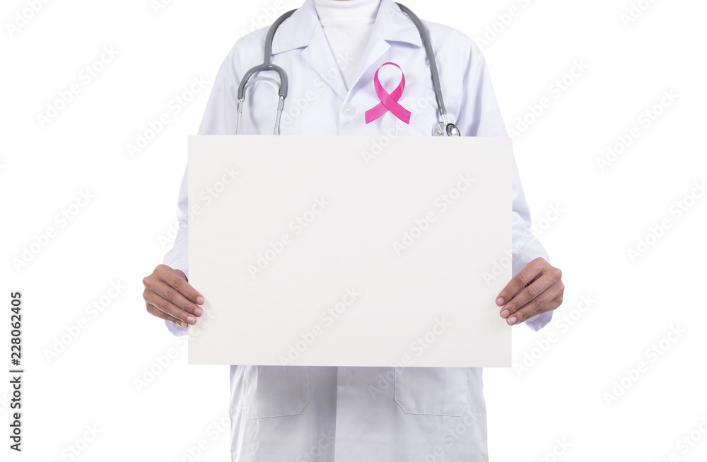 Doctor woman with pink ribbon on her chest and hand holding mockup paper for supporting symbol of breast cancer awareness and international women day campaign. Doctor woman with pink ribbon on her chest and hand holding mockup paper for supporting symbol of breast cancer awareness and international women day campaign.