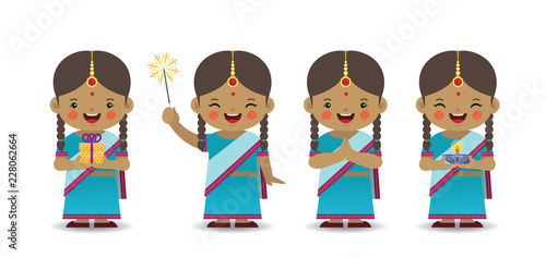 Set of cute cartoon indian girl in different pose isolated on white background. Diwali or Deepavali flat vector design.