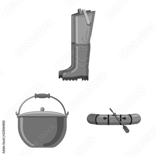 Vector illustration of fish and fishing symbol. Collection of fish and equipment stock vector illustration.