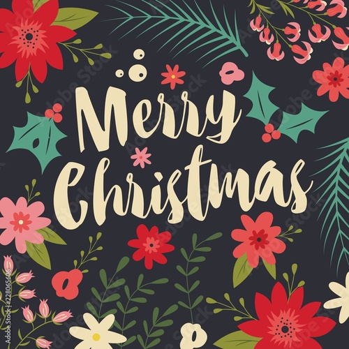 Typographic Merry Christmas card with floral decorative elements
