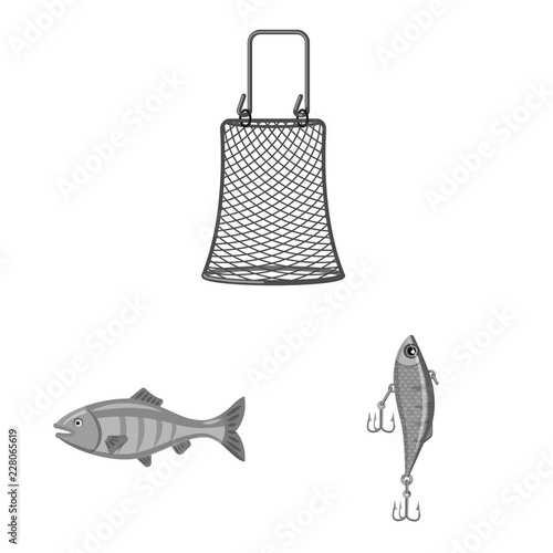 Vector illustration of fish and fishing logo. Set of fish and equipment stock symbol for web.