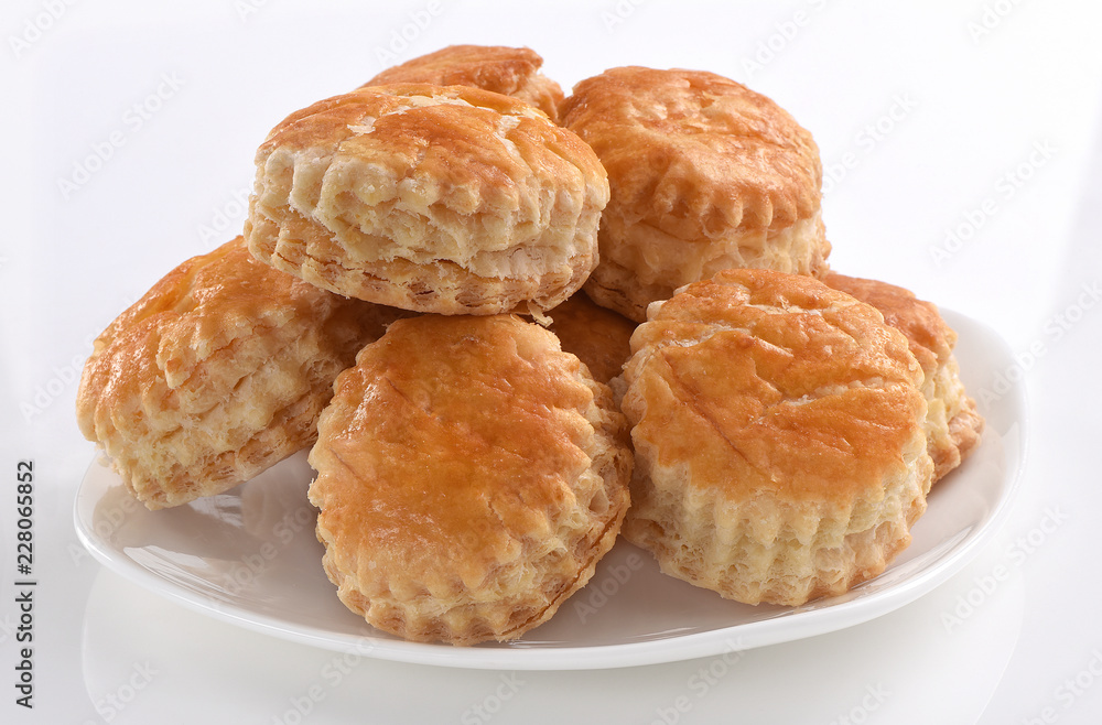 Puff Variety, Famous assorted puff snacks including sugar stick, vegetable/ chicken patties, french heart, plain pastry