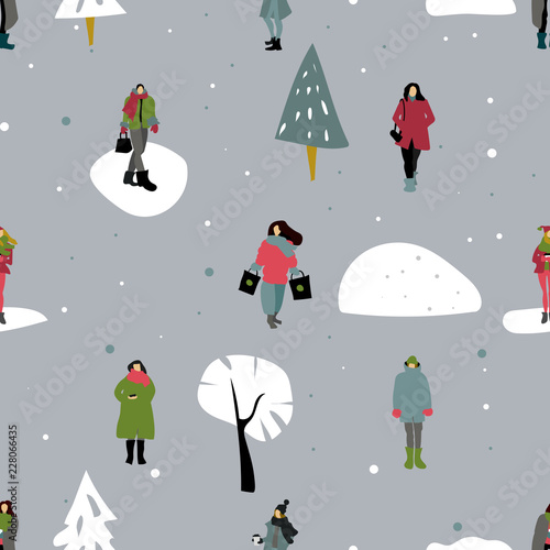 Winter women pattern: shopping woman woman with coffee woman with phone cristmas tree snow photo