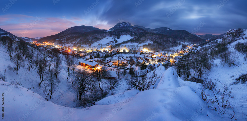 Naklejka premium Landscape with Village at winter night, panorama