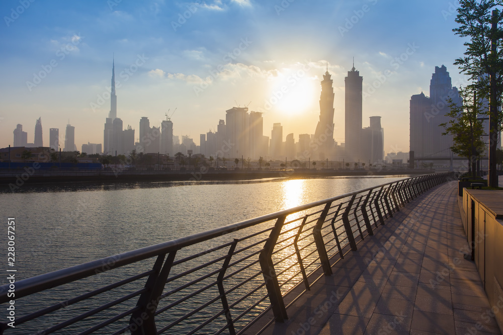 Dubai city skyline in the morning, sunrise Dubai city skyline in the morning, sunrise
