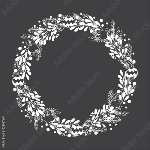 Hand drawn winter Holiday wreath. A template of greeting card design, Christmas invitation, and banner.