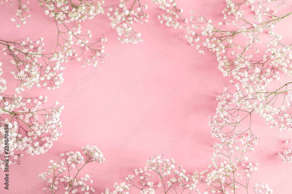 Frame made of small white flowers on pastel pink background. Happy Women's Day, Wedding, Mother's Day, Easter, Valentine's Day. Flat lay, top view, copy space 