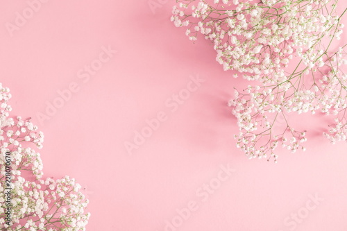 Frame made of small white flowers on pastel pink background. Happy Women's Day, Wedding, Mother's Day, Easter, Valentine's Day. Flat lay, top view, copy space 