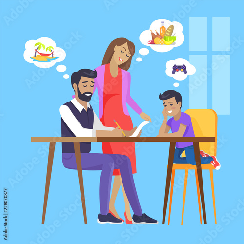Family Meeting by Square Table Vector Illustration