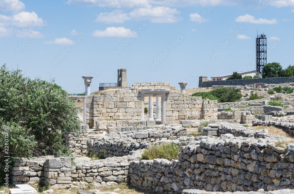The ruins of the ancient city. Russia, the Republic of Crimea, the city of Sevastopol. 11.06.2018: The ruins of the ancient and medieval city of Chersonese Tauride