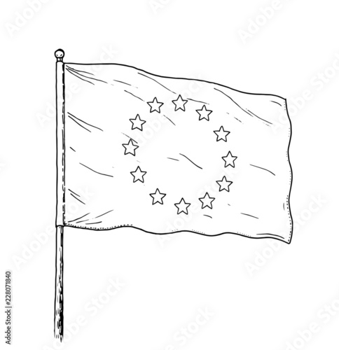 European Union flag drawing - vintage like illustration of flag of EU. Monochromatic banner contour on white background.