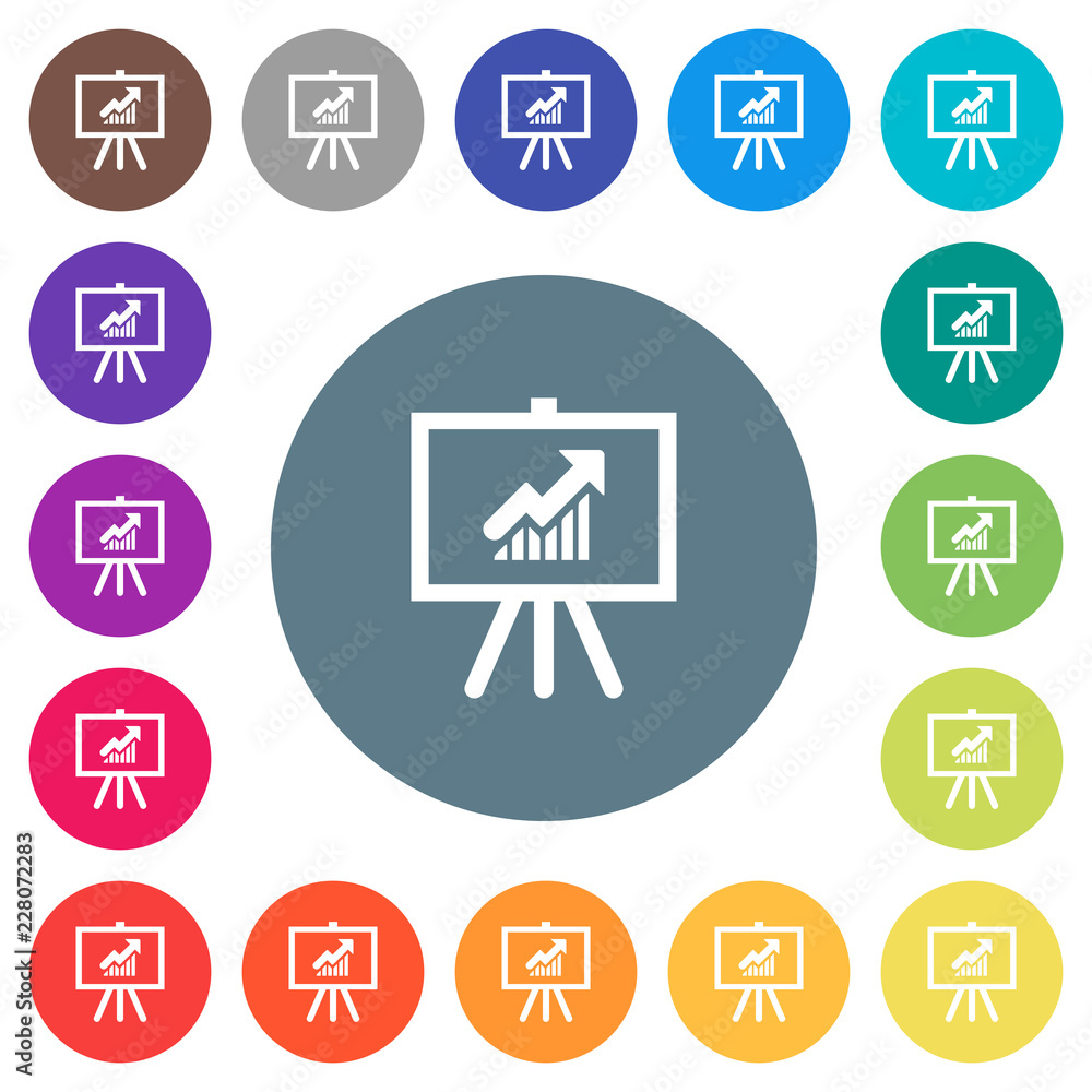 Presentation table with rising graph flat white icons on round color backgrounds Presentation table with rising graph flat white icons on round color backgrounds