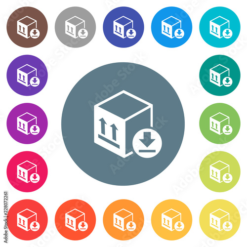 Package arrival flat white icons on round color backgrounds
