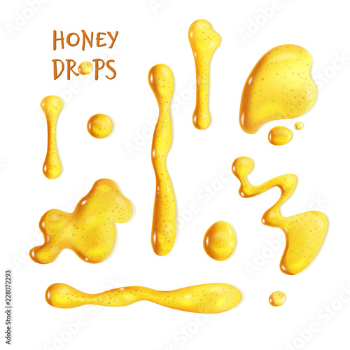 Set of different realistic honey drops with bubbles isolated on white background. Vector illustration
