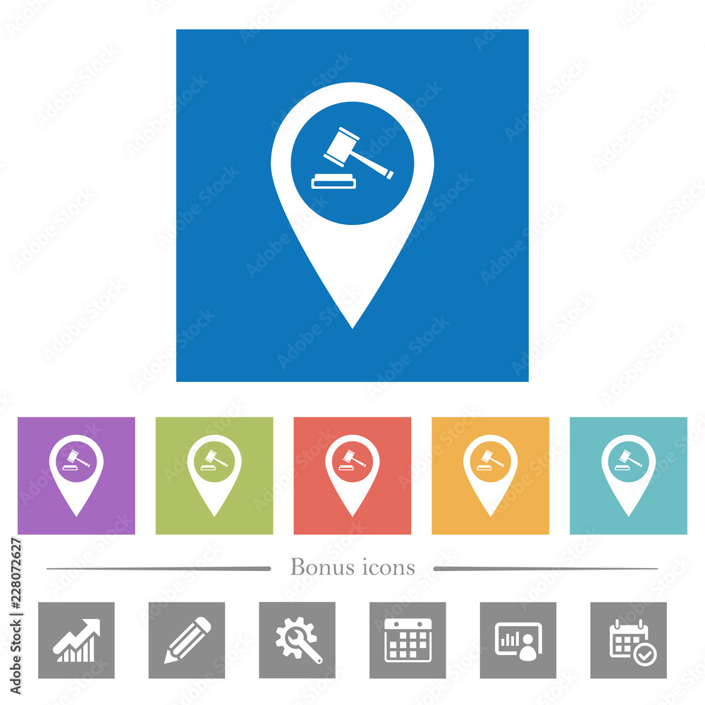 Court house GPS map location flat white icons in square backgrounds Court house GPS map location flat white icons in square backgrounds