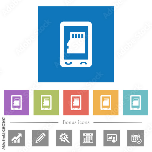 Mobile memory card flat white icons in square backgrounds